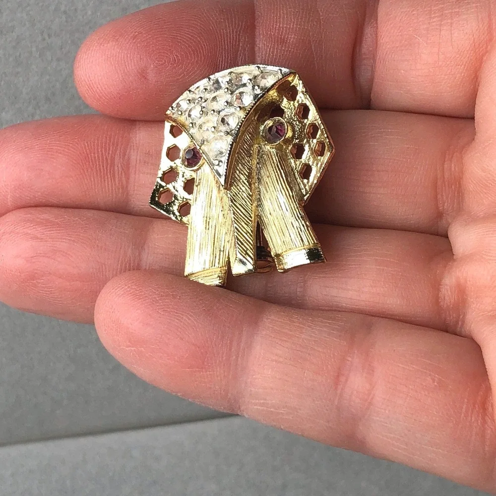 Vintage Elephant Brooch Mid Century Modern Gold Tone Rhinestone Red Eyes Mod Pin